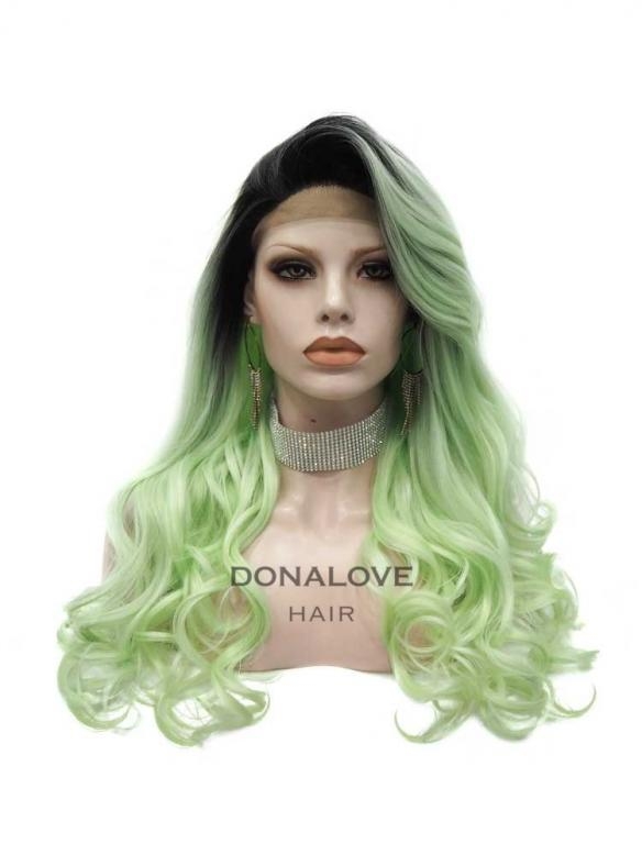 Schwarz nach Grün Lange Wellige Synthetische Lace Front Perücke SNY320